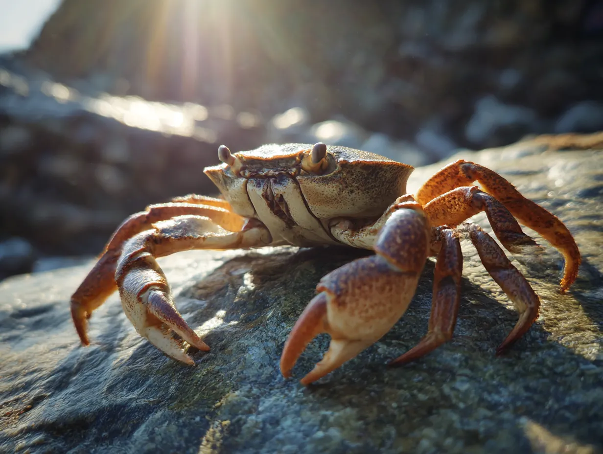 カニ　写真　朝日の中で構える横姿｜朝日を浴びながら岩の上で構えるカニの写真。斜めの光が質感を際立たせ、カニの写真に一日の始まりの力強さを感じます。