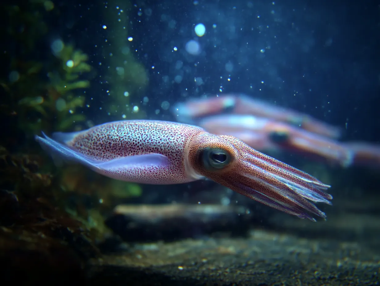 イカ　写真　海底に漂う幻想的な姿｜海底を静かに泳ぐイカの写真。水中の粒子と光が幻想的な雰囲気を醸し出し、イカの写真が神秘的な世界を映し出します。