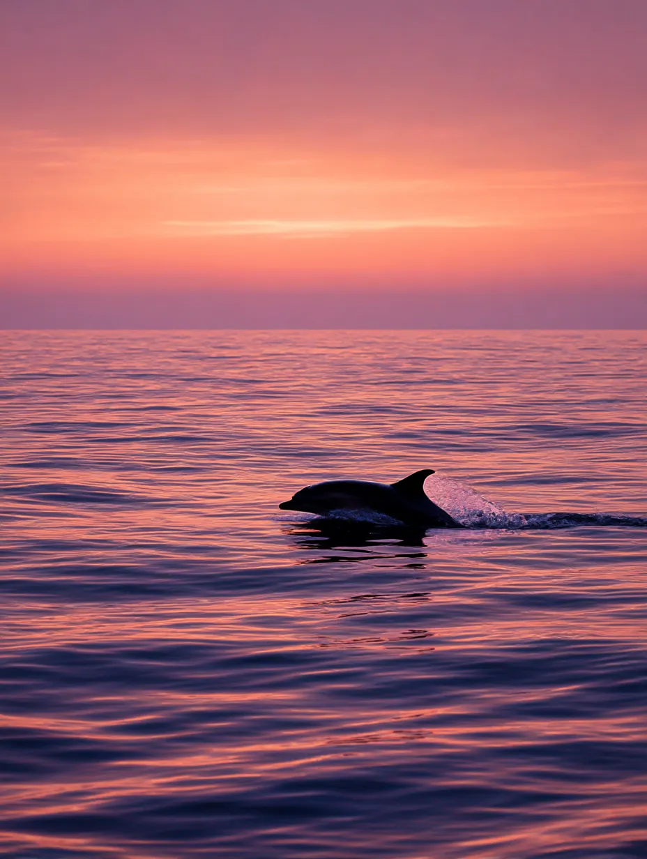 イルカ写真：夕焼けに跳ねる姿｜夕暮れの海に現れたイルカが、柔らかく染まる水面を跳ねる幻想的な瞬間。イルカ写真のなかでも特に詩情豊かな余韻を感じさせる構図。