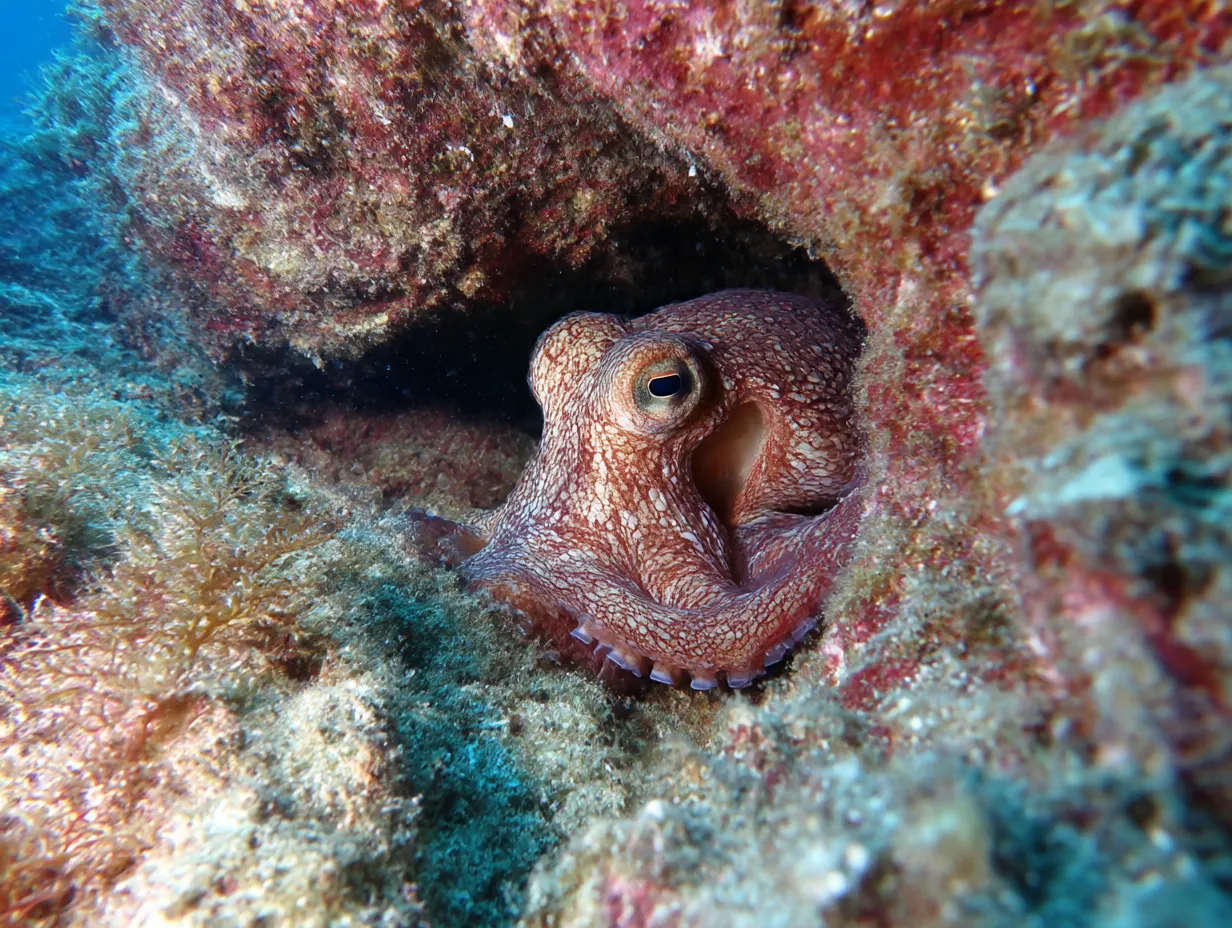 タコ　写真　岩陰でひっそり暮らす姿｜岩の隙間に身を潜めるタコの写真。自然の中に溶け込むような姿が印象的で、タコの写真に静かな野生の息づかいが感じられます。