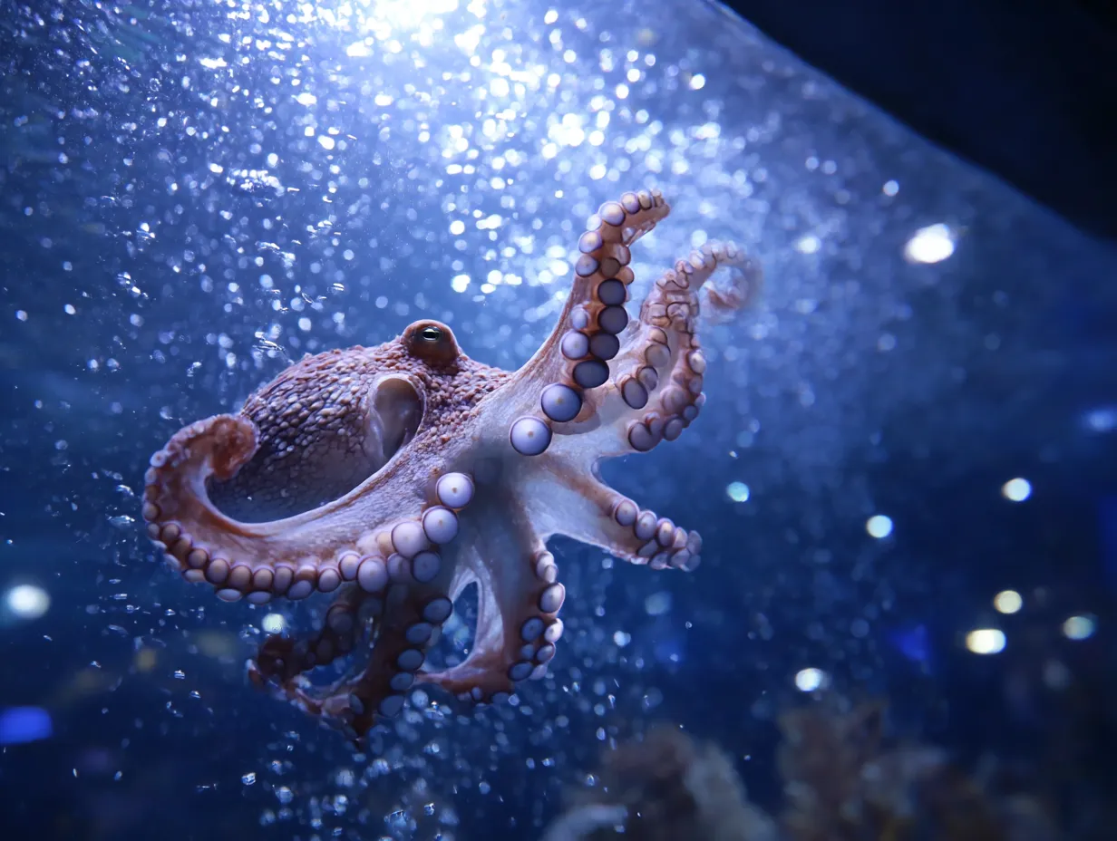 タコ　写真　優雅に舞う水中ダンサー｜水中で広がる足が躍動的なタコの写真。泡と光に包まれた姿はまるで舞を踊るようで、タコの写真に生命の美しさを感じます。
