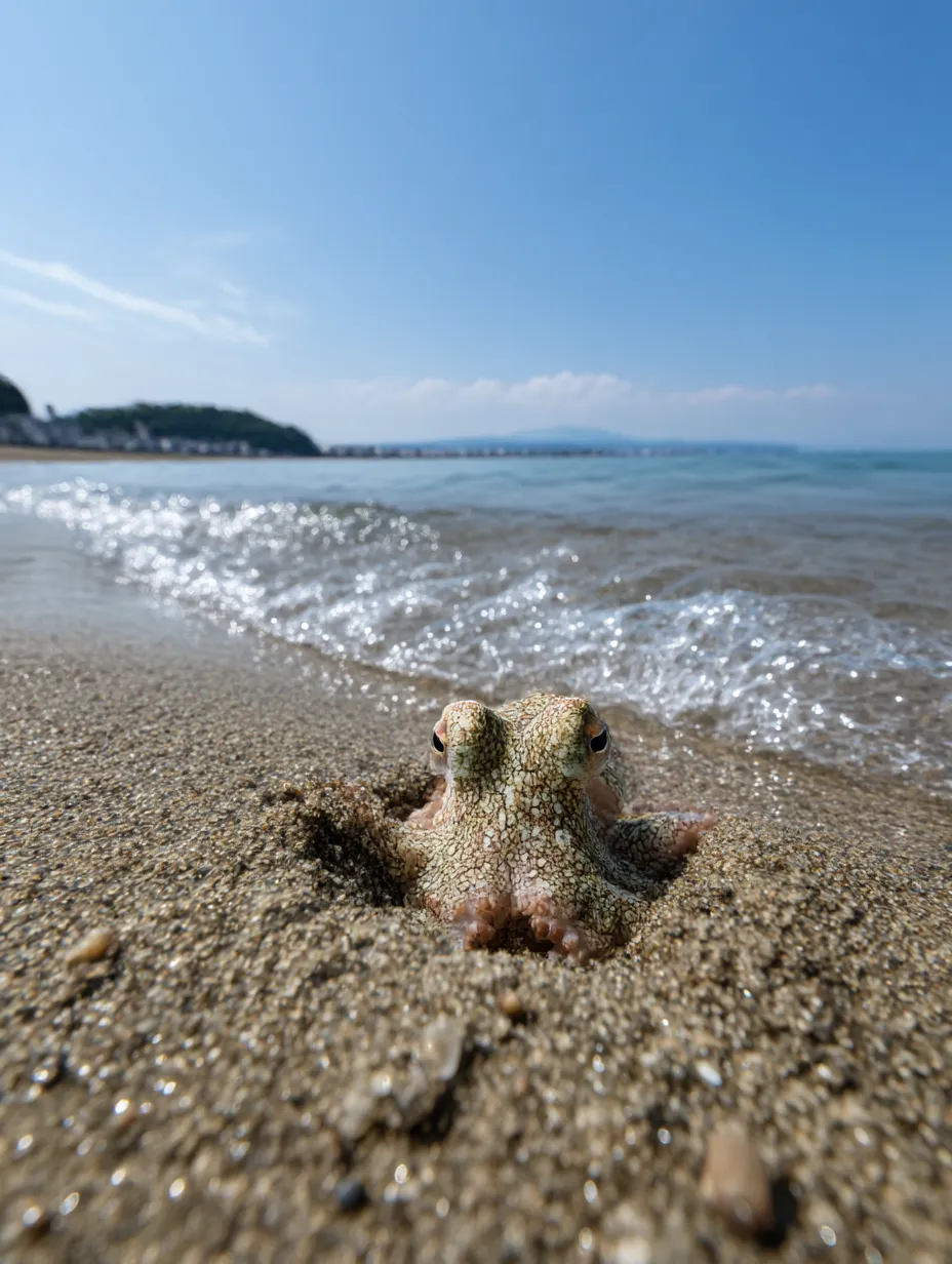 タコ　写真　砂浜に現れたサプライズ｜海岸の砂から顔を出すタコの写真。青空と海を背景に、意外な登場がユーモラスで、タコの写真が思わず笑みを誘います。