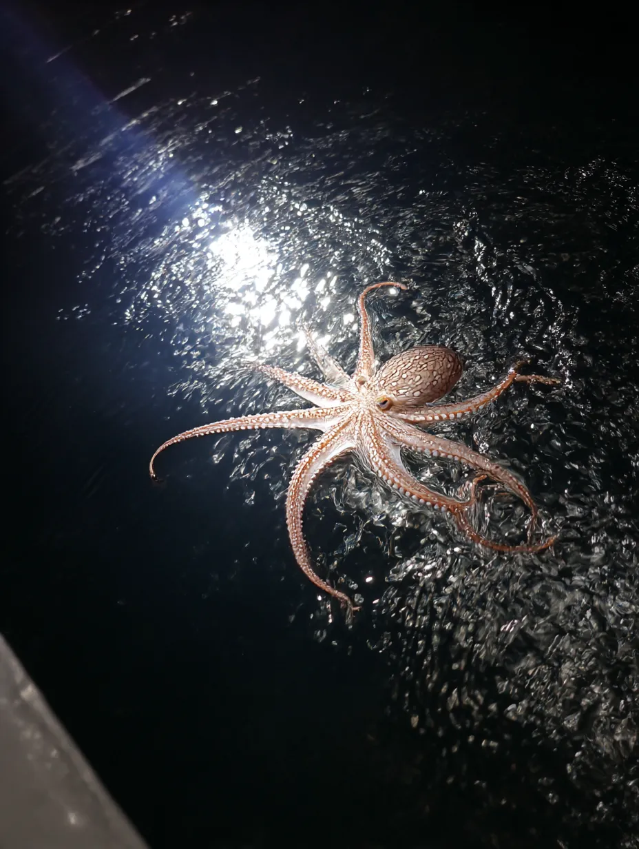 タコ　写真　夜の海に浮かぶ影｜夜の海面を漂うタコの写真。水面に反射する光と、浮かび上がるタコの姿が幻想的で、タコの写真が非日常の美を映します。