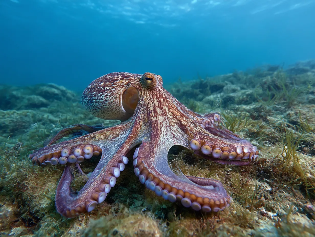 タコ　写真　海底を歩く賢者の風格｜海底を悠然と歩くタコの写真。堂々とした姿と色彩が印象的で、タコの写真に知性と力強さが同居しています。