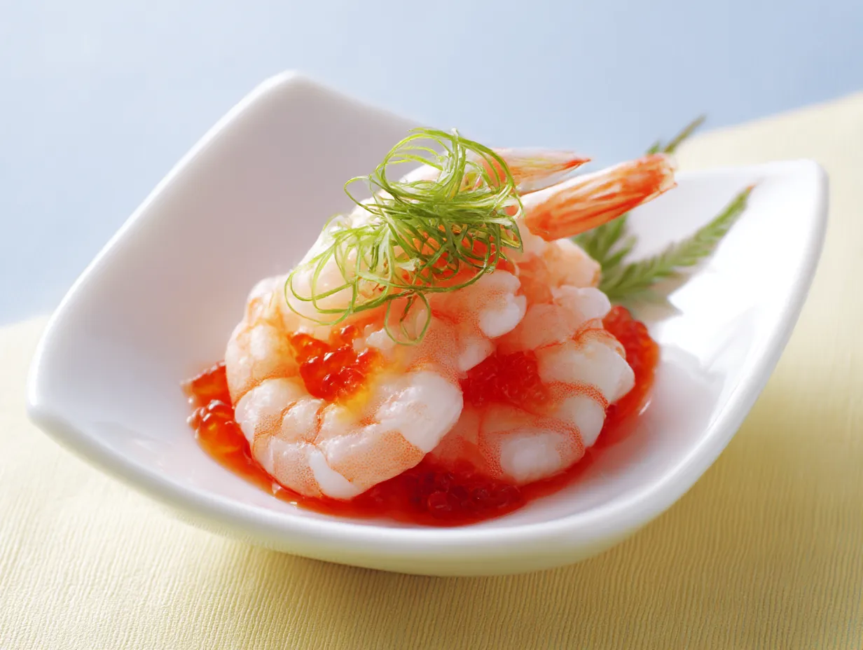 エビ　写真　いくらと彩る前菜の華｜小鉢に盛り付けられた茹でエビといくらの写真。淡い背景と透明感が涼やかで、エビの写真が料理の美を際立たせています。