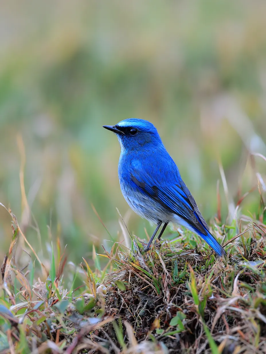 青い鳥　写真　草原にたたずむルリビタキ｜草原に佇む美しいルリビタキが青い鳥の魅力を存分に見せる写真。柔らかな光と背景が優しい印象を与え、静かな癒しを感じさせます。