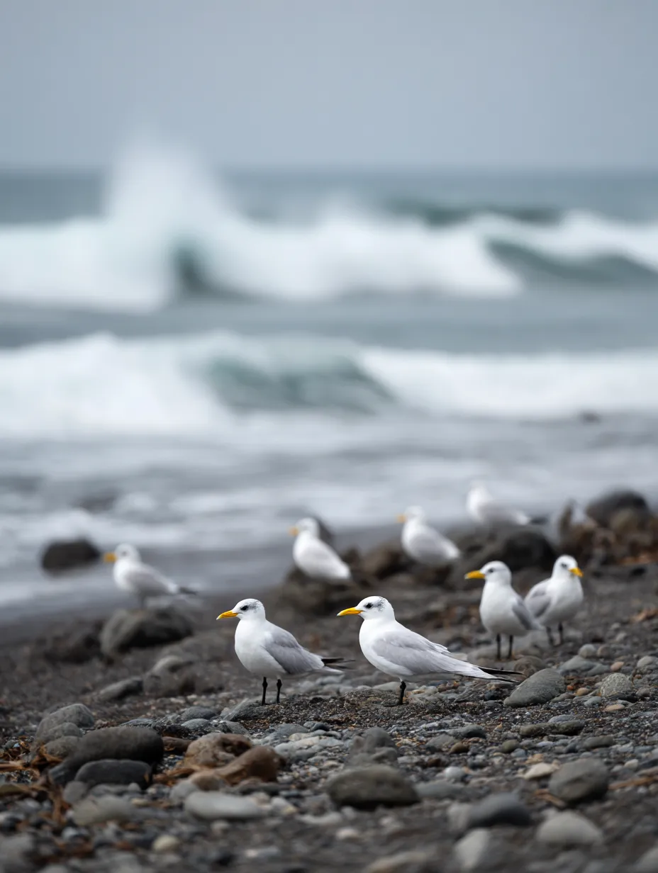 白い鳥　写真　浜辺に集うユリカモメたち｜波打ち際に集まるユリカモメの群れが、自然と共に生きる白い鳥たちの穏やかな日常を感じさせる一枚です。