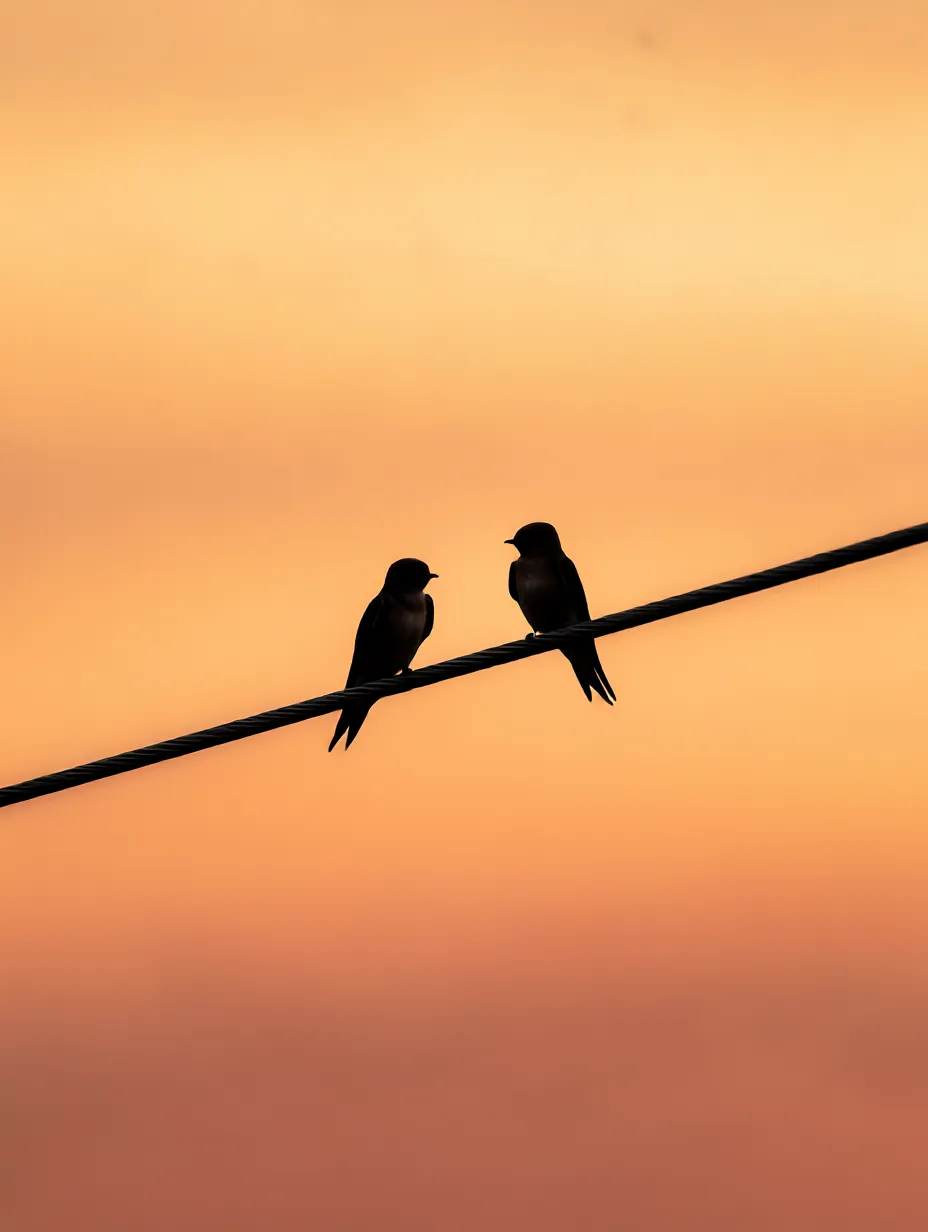 ツバメ：写真　夕暮れに語らう二羽のシルエット｜柔らかな夕焼け空を背景に、電線にとまる二羽のツバメが静かに向かい合う様子が描かれています。「ツバメ：写真」らしい、静寂と温もりが漂うワンシーンです。