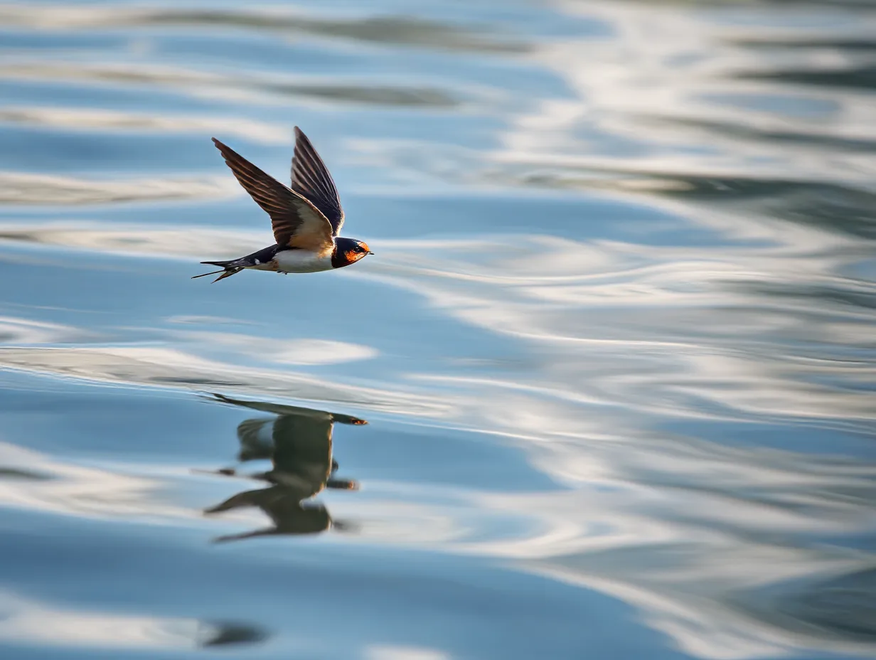 ツバメ：写真　水面すれすれの飛行美｜鏡のような水面を背景に、流れるように飛ぶツバメの姿が映し出されています。「ツバメ：写真」ならではのスピード感と静けさの融合が魅力です。