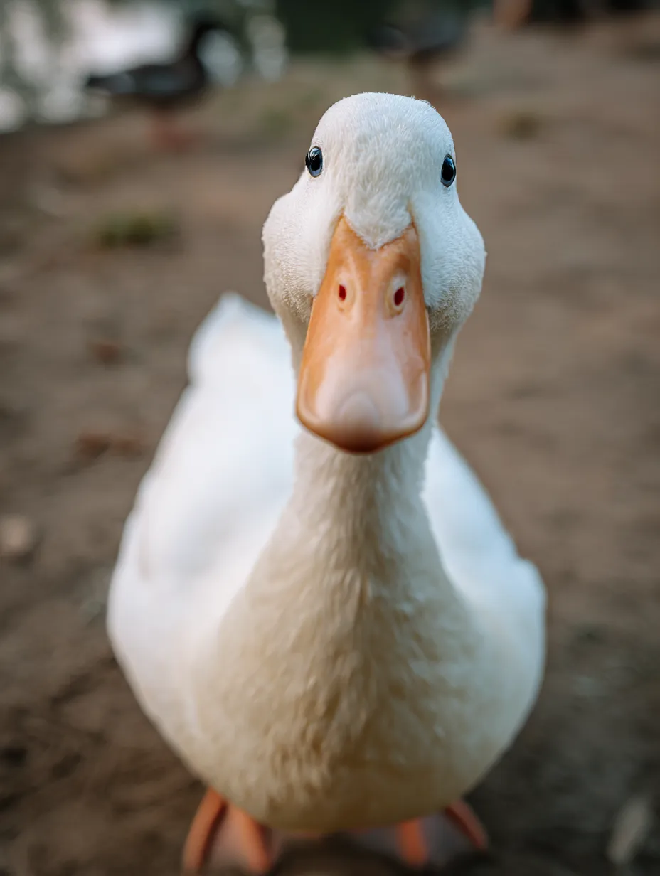 アヒル：写真　ぐいっと近づく好奇心顔｜レンズに向かってまっすぐ近づくアヒルの表情がユーモラスで、見た人に思わず笑顔をもたらす「アヒル：写真」です。好奇心旺盛な雰囲気が漂います。