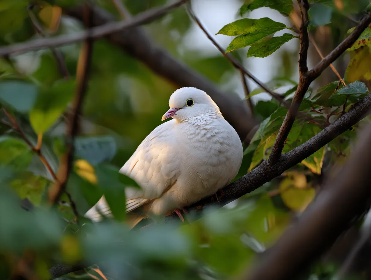 白い鳥　写真　木漏れ日に映えるシロバト｜柔らかな木漏れ日を浴びたシロバトが葉陰に静かに佇む様子が印象的で、白い鳥が放つ温かくやさしい空気を伝えます。