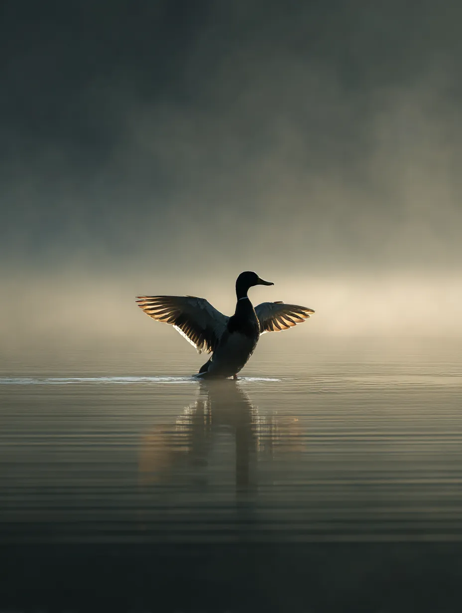 鴨：写真　朝霧の中で翼を広げて｜淡く差し込む朝の光を背景に、水面で翼を広げる鴨の姿が幻想的な「鴨：写真」です。静寂と荘厳さが共存する雰囲気を持っています。