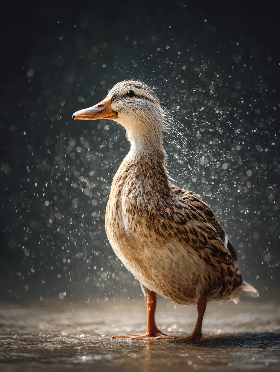 鴨：写真　水しぶきをまとった美しさ｜羽毛を濡らしながら身を震わせる一羽の鴨が、繊細な水の粒とともに輝く一瞬を捉えた「鴨：写真」です。生命力と瑞々しさに満ちています。