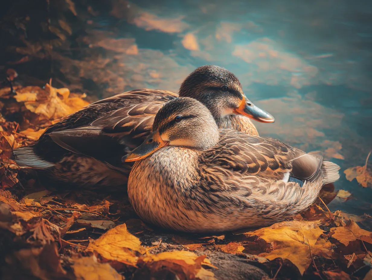 鴨：写真　秋の葉に包まれる寄り添い｜紅葉の落ち葉の中、水辺で寄り添う二羽の鴨が穏やかな愛情を表現する「鴨：写真」です。秋の静けさと温もりを感じさせます。
