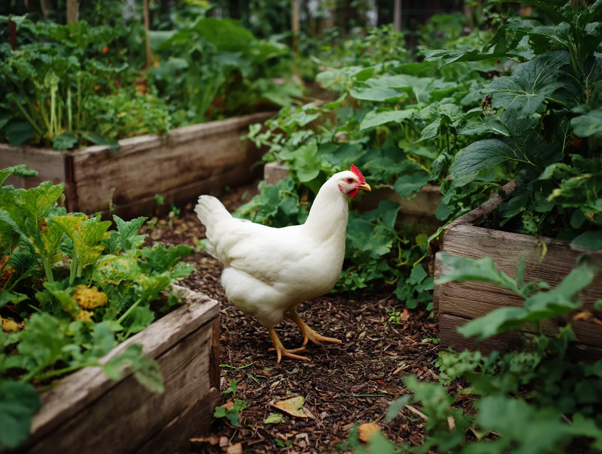 にわとり：写真　菜園を歩く白い探索者｜緑豊かな家庭菜園を歩く白いにわとりが、自然との共存を体現する「にわとり：写真」です。のどかで平和な日常を感じられます。