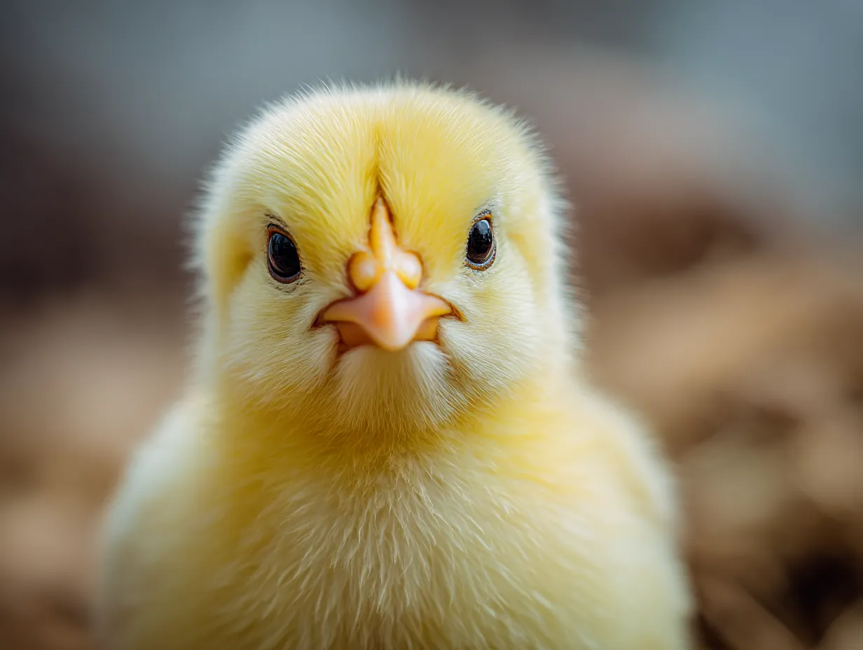 ひよこ：写真　見つめ返すまんまるな瞳｜ふわふわの羽毛に包まれたひよこが、カメラをじっと見つめる愛くるしい表情が魅力のひよこ：写真です。思わず見守りたくなる温かさがあります。