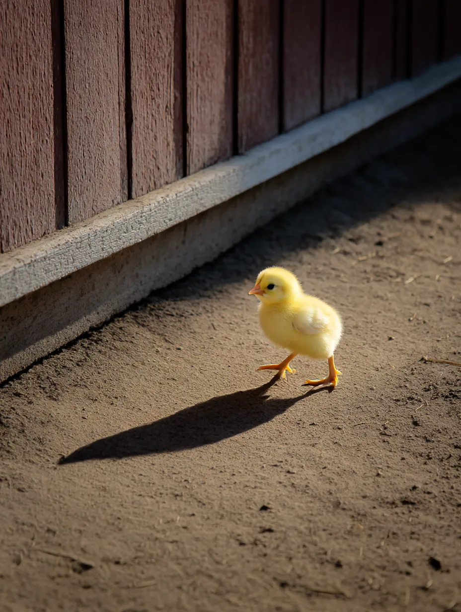 ひよこ：写真　長い影を引いて歩く午後｜西日が伸ばした影とともに歩くひよこが、孤独にも見えるが強さも感じさせるひよこ：写真です。物語性のある構図が印象的です。