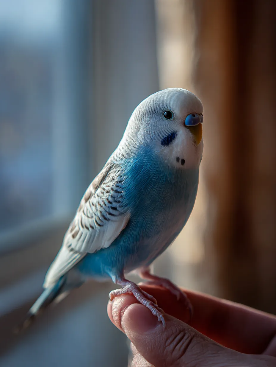 セキセイインコ：写真　手のひらで安らぐ青い羽｜指先にとまる青いセキセイインコが、優しい光に包まれて安心しきった表情を見せるセキセイインコ：写真です。人との信頼関係が感じられます。