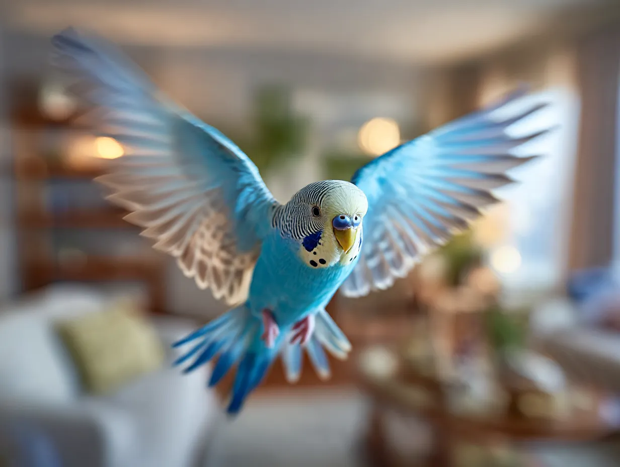 セキセイインコ：写真　リビングを飛ぶ自由な姿｜室内を羽ばたく鮮やかなブルーのセキセイインコが、日常に小さな冒険を運ぶセキセイインコ：写真です。元気と軽やかさが溢れています。