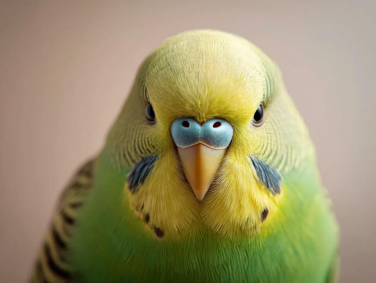 セキセイインコ：写真　黄緑の瞳が語る個性｜鮮やかな黄緑の羽に包まれたセキセイインコが、じっと見つめ返すその目に個性と存在感を宿すセキセイインコ：写真です。堂々とした佇まいが印象的です。