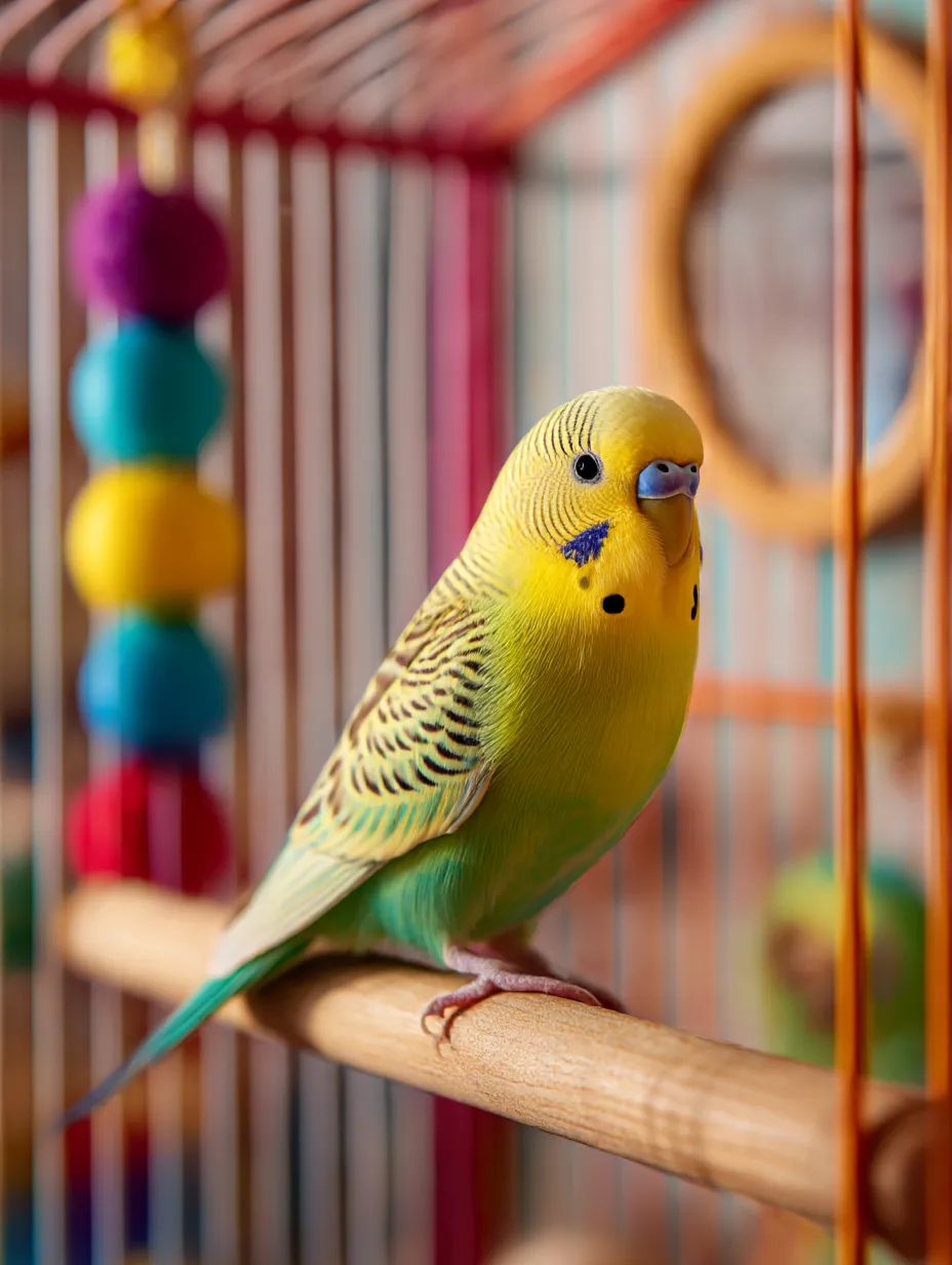 セキセイインコ：写真　おもちゃの横で見守る黄緑｜にぎやかな鳥かごの中で落ち着いた表情を見せる黄緑のセキセイインコが、静かな時間の大切さを伝えるセキセイインコ：写真です。温かみのある雰囲気が魅力です。