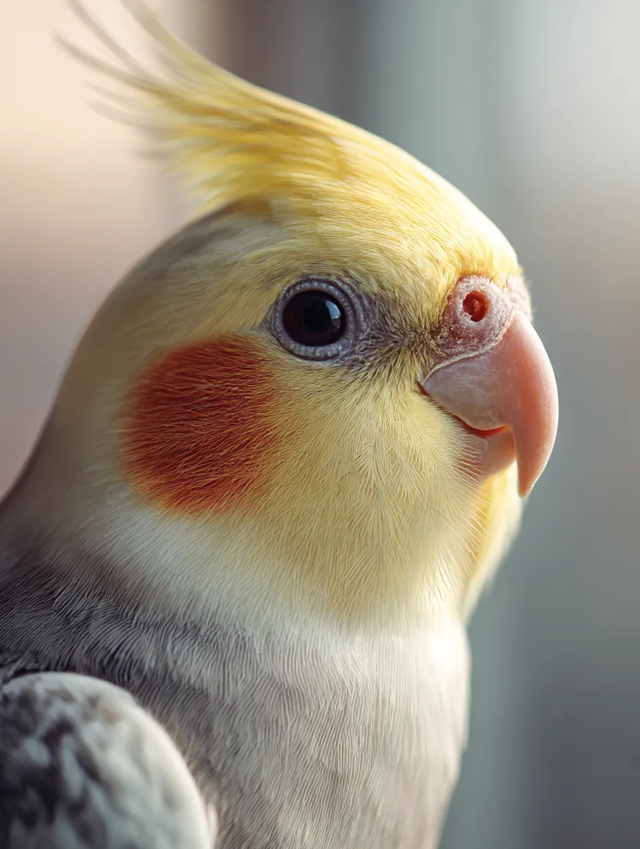 オカメインコ：写真　横顔に光を受けて佇む姿｜柔らかな光を浴びるオカメインコが、穏やかにたたずむ姿を見せるオカメインコ：写真です。羽毛の繊細さと優しい眼差しが印象的です。