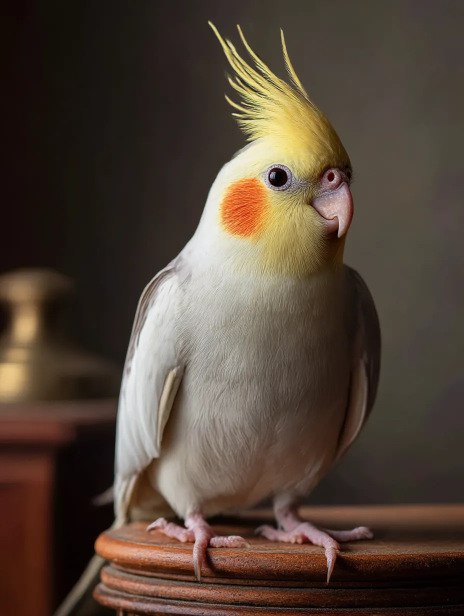 オカメインコ：写真　堂々と立つクラシカルな佇まい｜レトロな背景の中で胸を張るように立つオカメインコが、気品と存在感を放つオカメインコ：写真です。静かで格式ある雰囲気が漂います。