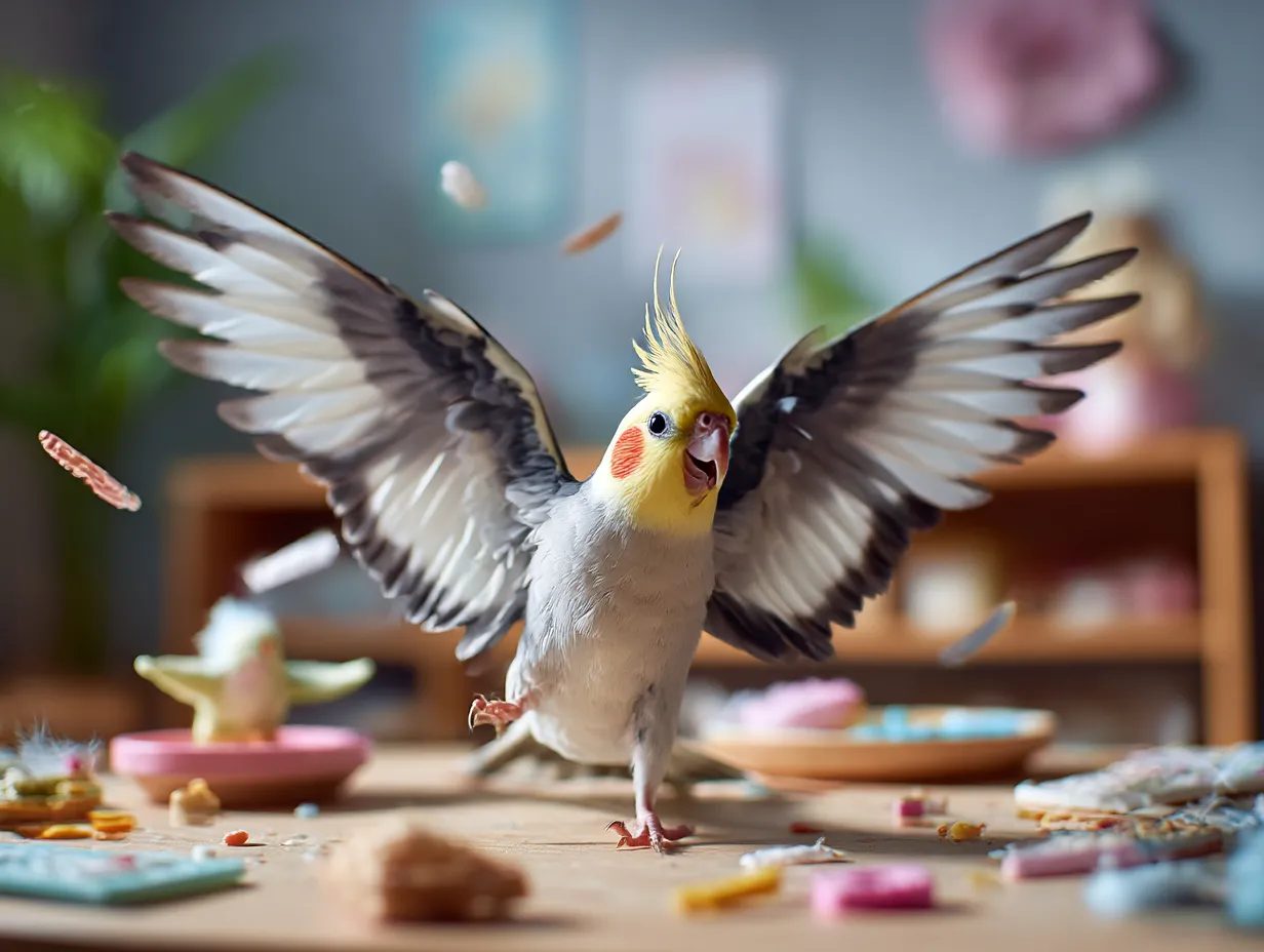 オカメインコ：写真　翼を広げてパーティー乱入｜カラフルなテーブルの上で翼を広げて躍動するオカメインコが、遊び心と元気を表すオカメインコ：写真です。楽しい日常の一幕を感じさせます。