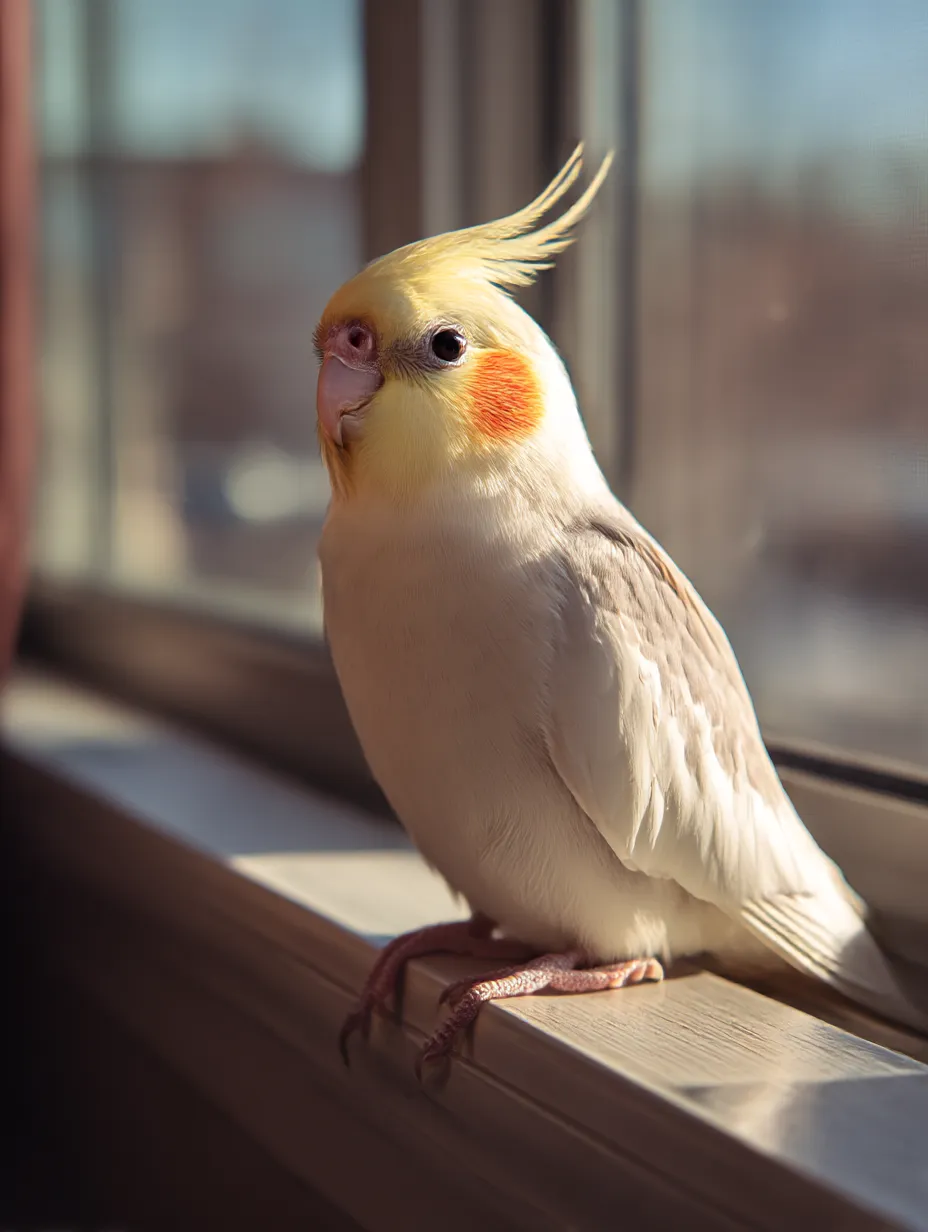 オカメインコ：写真　窓辺の陽光と静かなひととき｜光が差し込む窓辺で静かに座るオカメインコが、午後のゆったりした空気を映すオカメインコ：写真です。穏やかな時間の流れが感じられます。