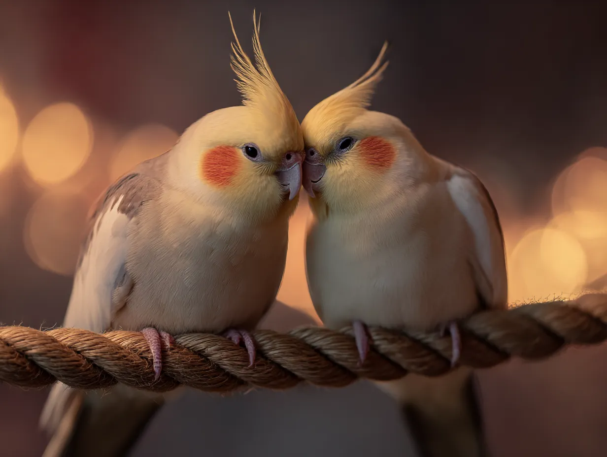 オカメインコ：写真　寄り添うふたりの温かな灯り｜淡い光の中で肩を寄せ合う二羽のオカメインコが、優しさと愛情を物語るオカメインコ：写真です。癒しと安心に満ちた一枚です。