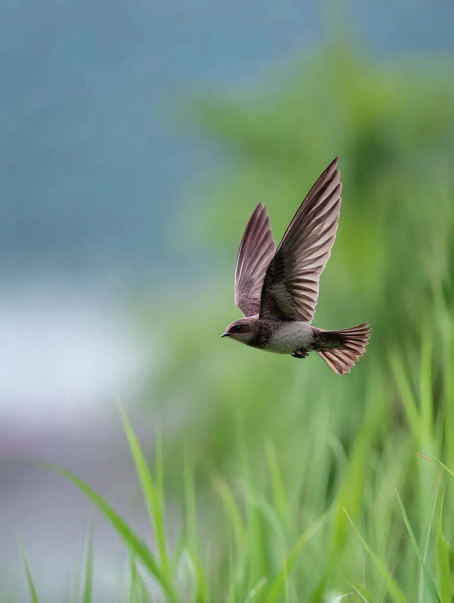 飛んでる鳥　写真　緑を抜けるツバメの一瞬｜草の間をすり抜けるツバメが躍動感にあふれ、飛んでる鳥のスピードと軽やかさを感じさせる爽快な一枚です。