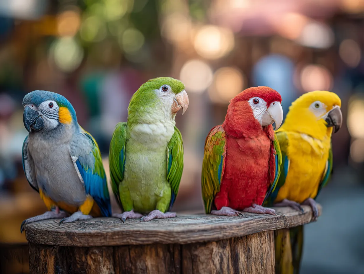 オウム：写真　カラフル四兄弟の並び立ち｜異なる色の羽を持つ4羽のオウムが並ぶ姿がユーモラスで微笑ましいオウム：写真です。多様性と仲間の温かさが伝わります。