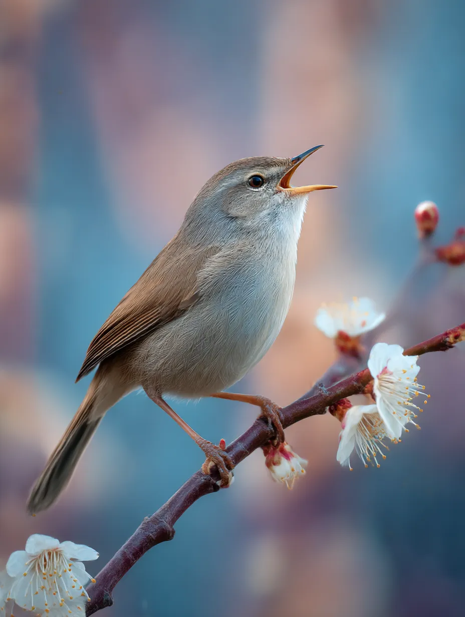 ウグイス：写真　花咲く枝にさえずるウグイス｜春の花と共に歌うウグイスの姿が、優雅で清らかな早春の雰囲気を感じさせるウグイス：写真の一枚です。