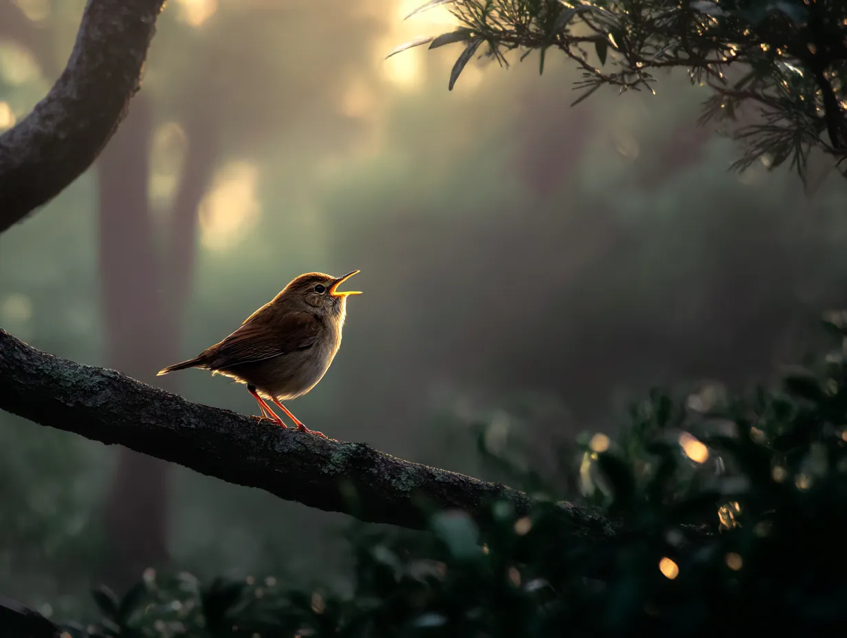 ウグイス：写真　朝の光に響くウグイスの歌声｜朝霧に包まれた林の中で響くウグイスの声が、静けさと生命力を感じさせるウグイス：写真となっています。