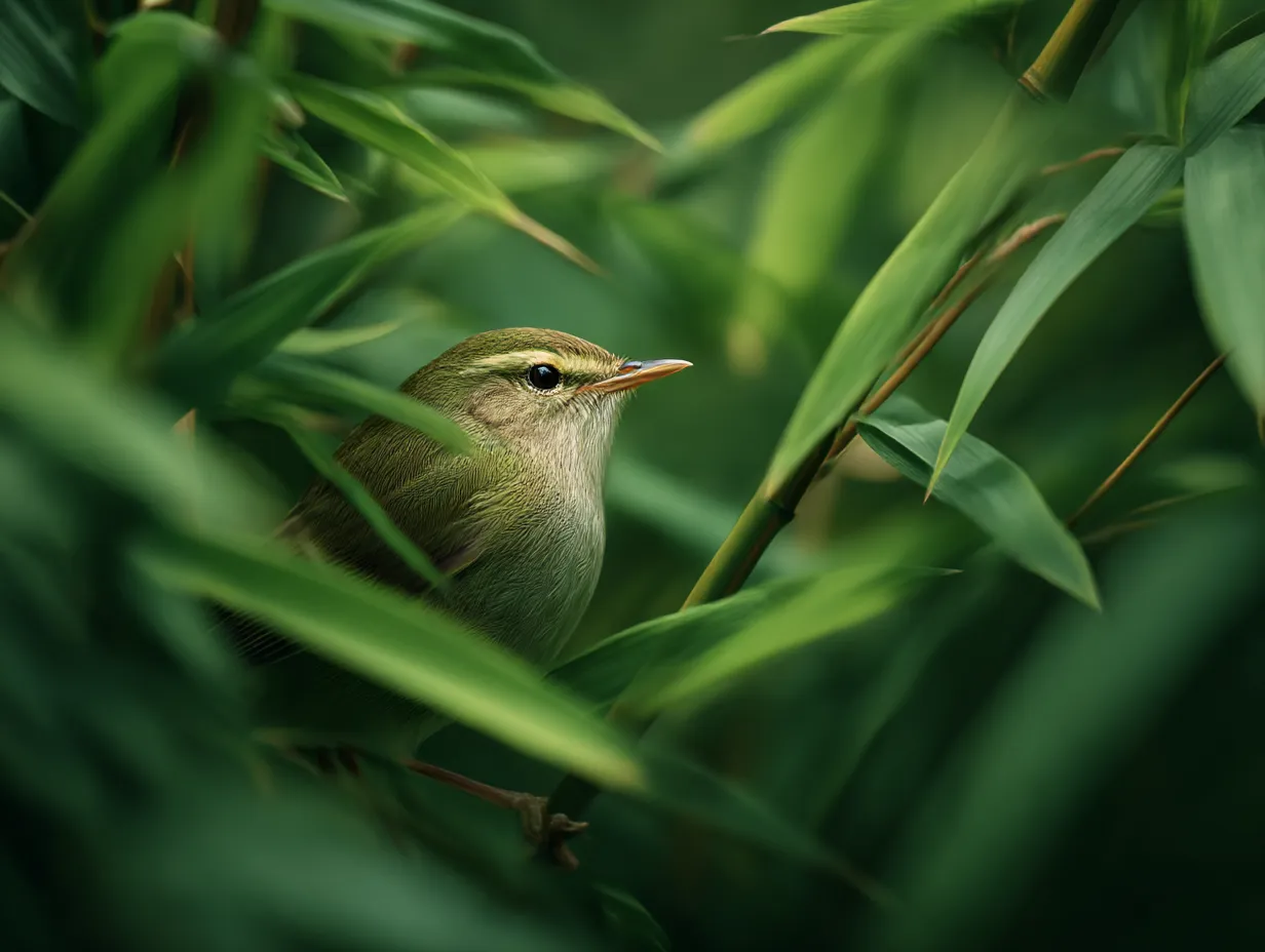 ウグイス：写真　竹林に潜む控えめな姿｜鮮やかな緑の竹に囲まれた中にひっそりと佇むウグイスが、自然の一部として溶け込むウグイス：写真の魅力を引き立てます。
