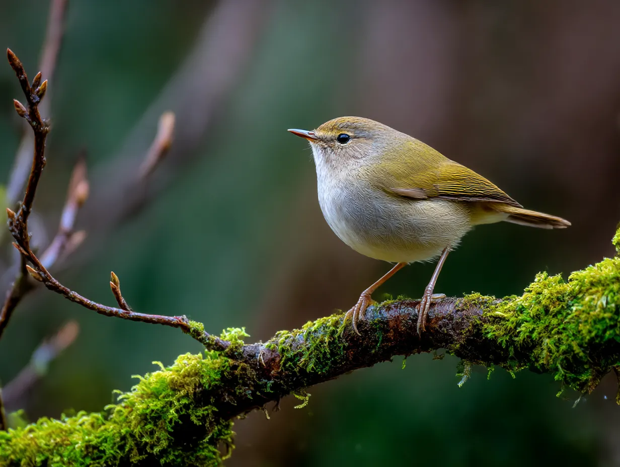 ウグイス：写真　苔の枝にとまる春の主役｜苔むした枝に立つウグイスが、春の訪れと自然との調和を象徴するウグイス：写真の中でも印象深いシーンです。