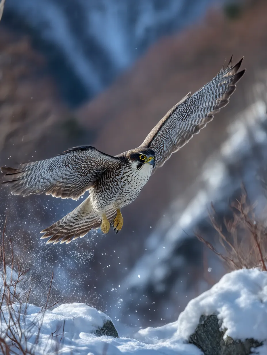 飛んでる鳥　写真　雪山を翔るハヤブサの勇姿｜冷たい雪景色を背景に羽ばたくハヤブサの姿が迫力満点で、飛んでる鳥の力強さと鋭さが伝わる写真です。