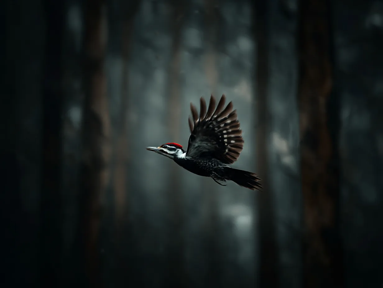 飛翔する森のキツツキ：写真｜闇の森を背景に翼を広げて飛ぶキツツキの姿。躍動感と緊張感が混じり合い、野生のエネルギーを感じるキツツキ：写真です。