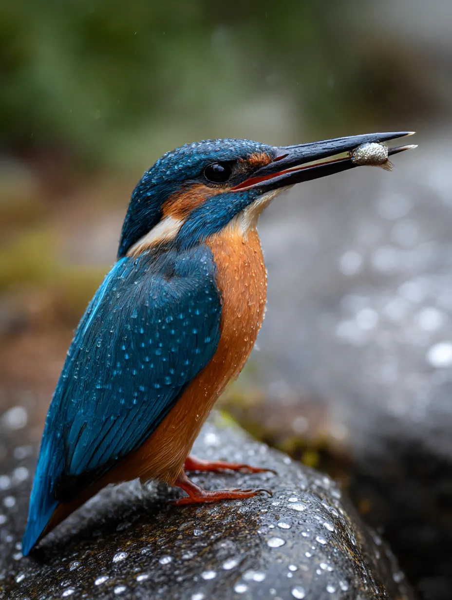 雨に濡れるカワセミ：写真｜小さな魚をくわえたカワセミが雨粒に濡れながら佇む様子が印象的。しっとりとした静寂が漂うカワセミ：写真です。