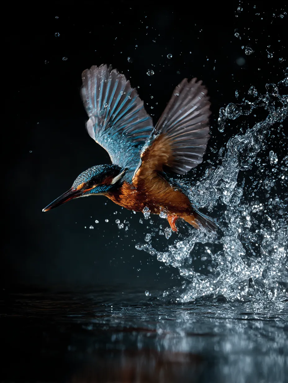水飛沫のカワセミ：写真｜水面から勢いよく飛び出すカワセミの躍動感が圧巻。飛沫が光を受けて輝く、ドラマチックなカワセミ：写真になっています。