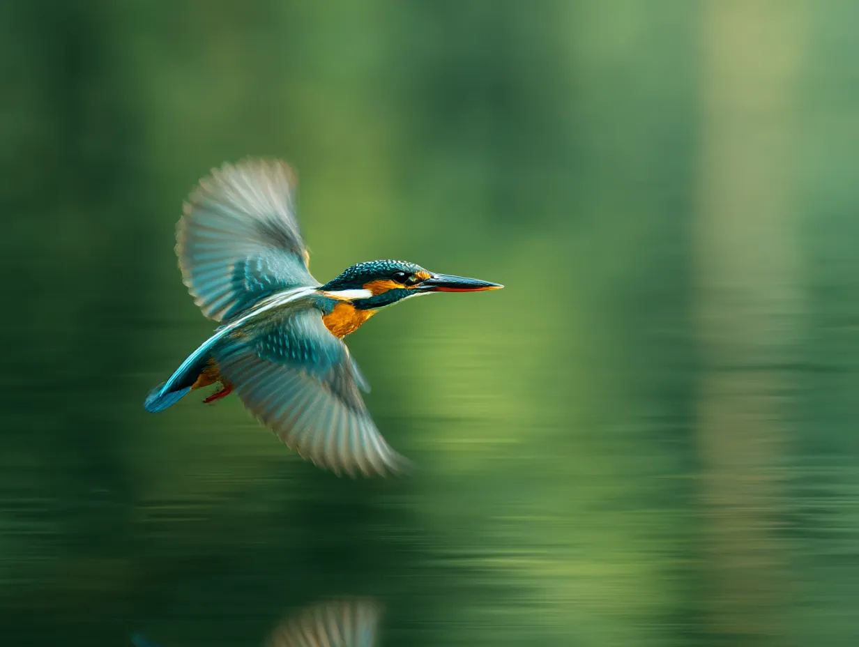 緑を駆けるカワセミ：写真｜水面すれすれに滑空するカワセミの優雅な姿。背景の緑がその速さと軽やかさを際立たせる爽快なカワセミ：写真です。