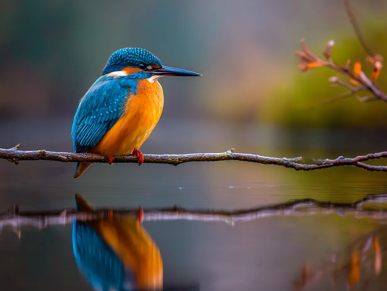 静寂の中のカワセミ：写真｜静かな湖面に枝とカワセミが映り込む、美しい対称が印象的。穏やかな時間が流れるカワセミ：写真に心が癒されます。