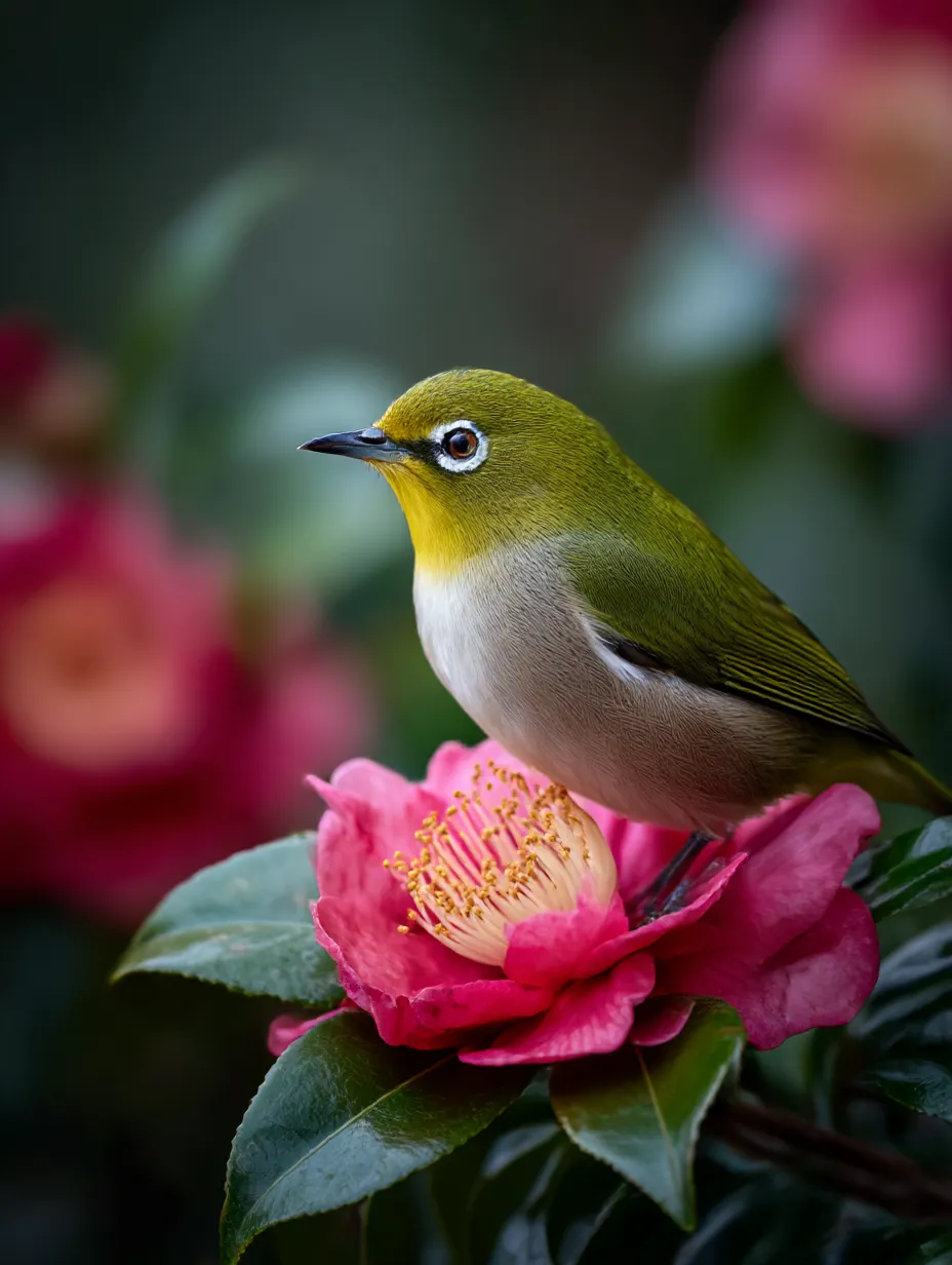 椿の花とメジロ：写真｜鮮やかなピンクの椿の花と共に止まるメジロの姿。春の息吹を感じさせる、優雅で穏やかなひとときを表現したメジロ：写真です。