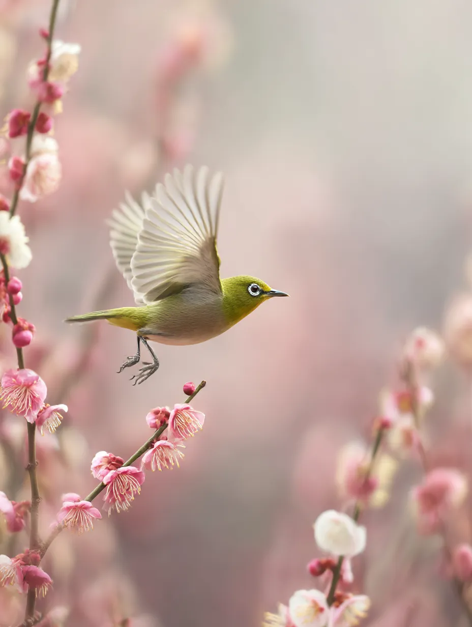 梅の花を飛び回るメジロ：写真｜柔らかな梅の花を背景に飛び立つメジロ。春の訪れと共に軽やかに舞うその姿が、温かさと新たな始まりを感じさせるメジロ：写真です。