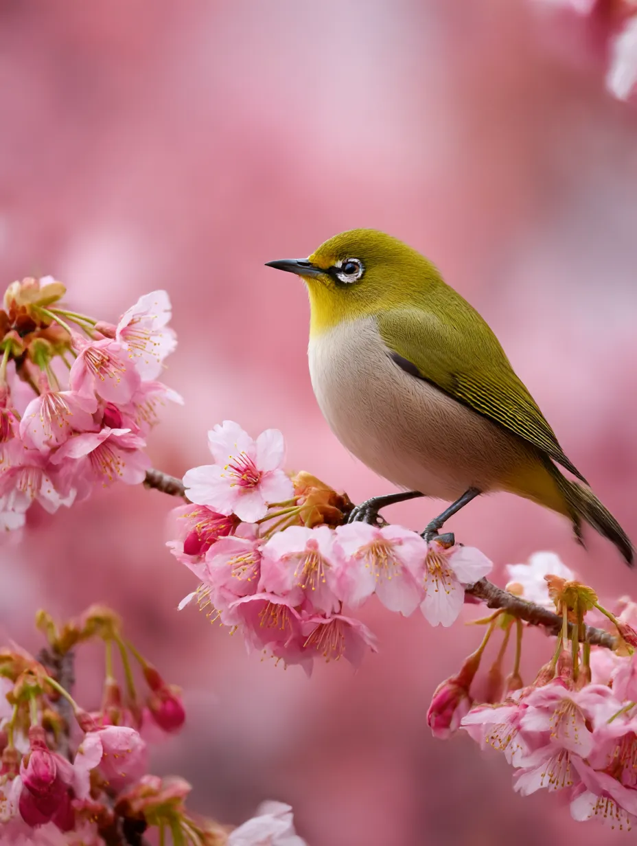 桜の枝にとまるメジロ：写真｜桜の花々に囲まれたメジロの静かなひととき。春の光と共にその美しさを引き立てる、心を癒すメジロ：写真です。