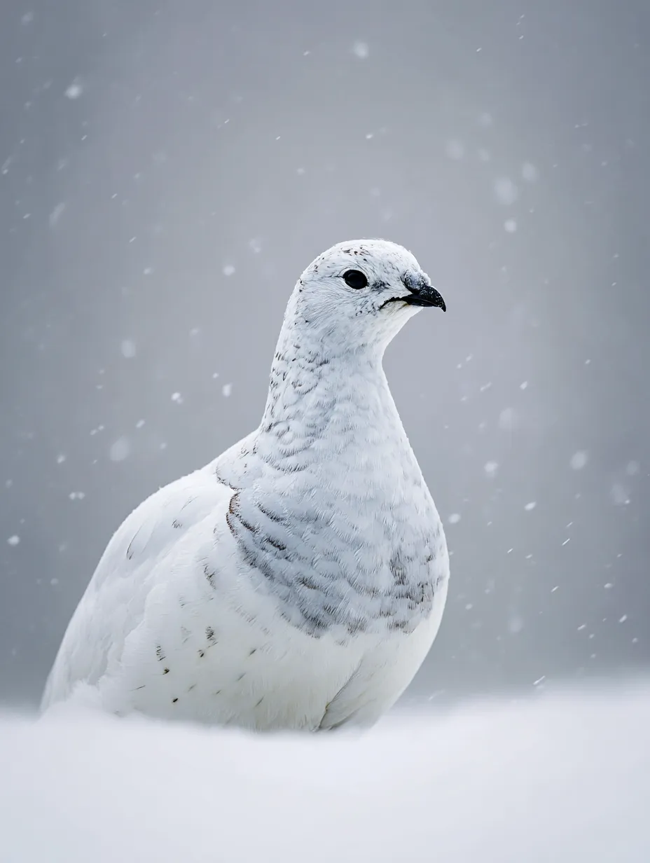 雪の中のライチョウ：写真｜雪が舞う中、白く美しいライチョウが静かに佇む一枚。静寂と冷たさが漂う、冬の大自然を感じさせるライチョウ：写真です。