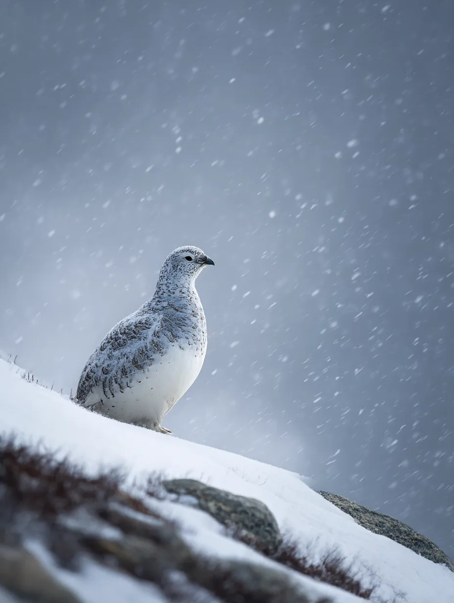 吹雪の中のライチョウ：写真｜吹雪の中、険しい山に立つライチョウ。極限の自然に適応し、勇敢に生きるその姿が力強さを感じさせるライチョウ：写真です。