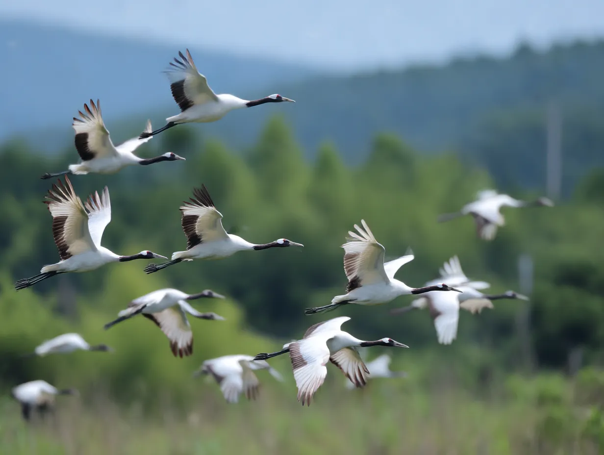 飛んでる鳥　写真　湿地を舞うタンチョウの群れ｜緑の湿地を背景に優雅に飛ぶタンチョウたちが、飛んでる鳥の気高さと調和を映し出す心地よい写真です。