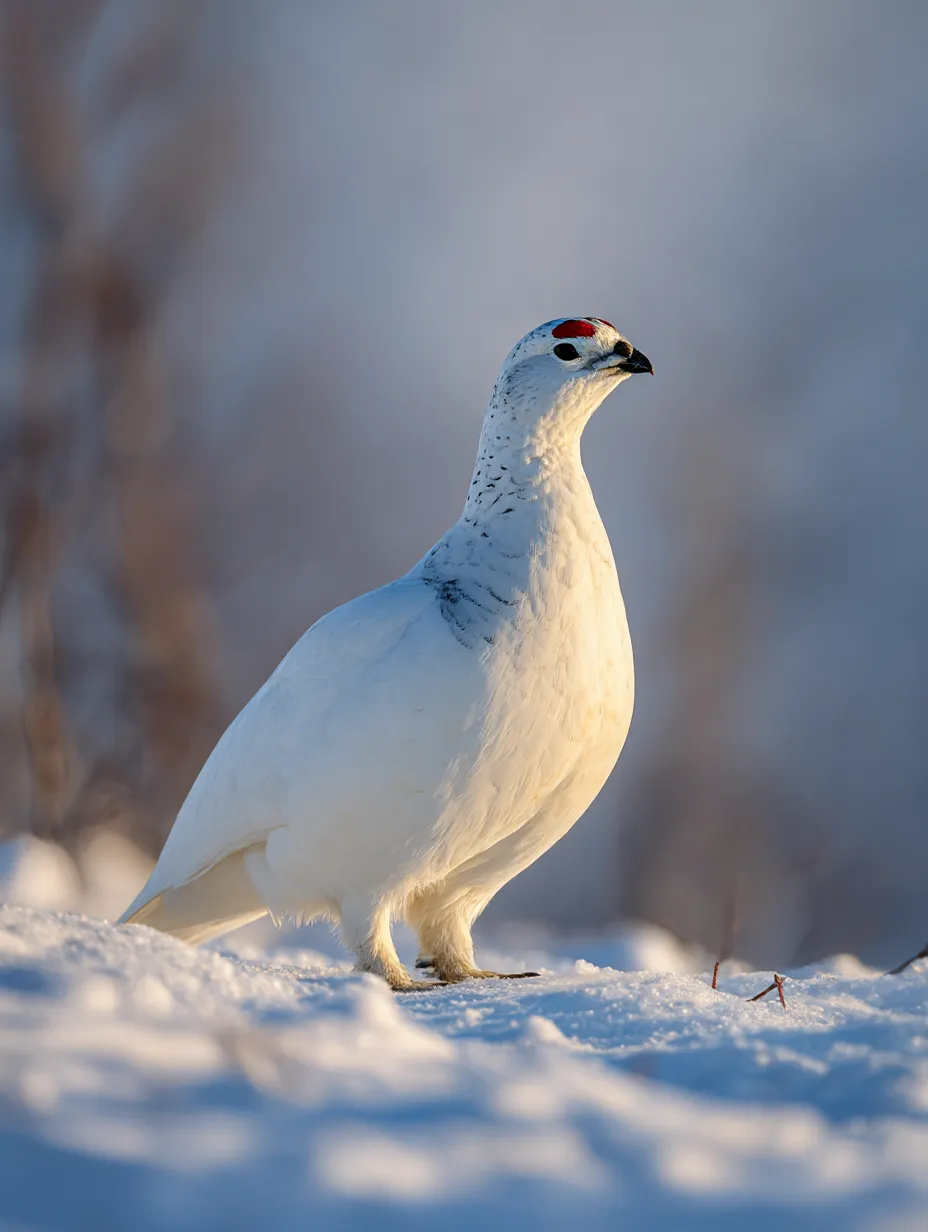 朝日に照らされたライチョウ：写真｜朝日の中、雪の上で光を浴びるライチョウの姿。温かみと静けさが感じられる、心に残る美しいライチョウ：写真です。