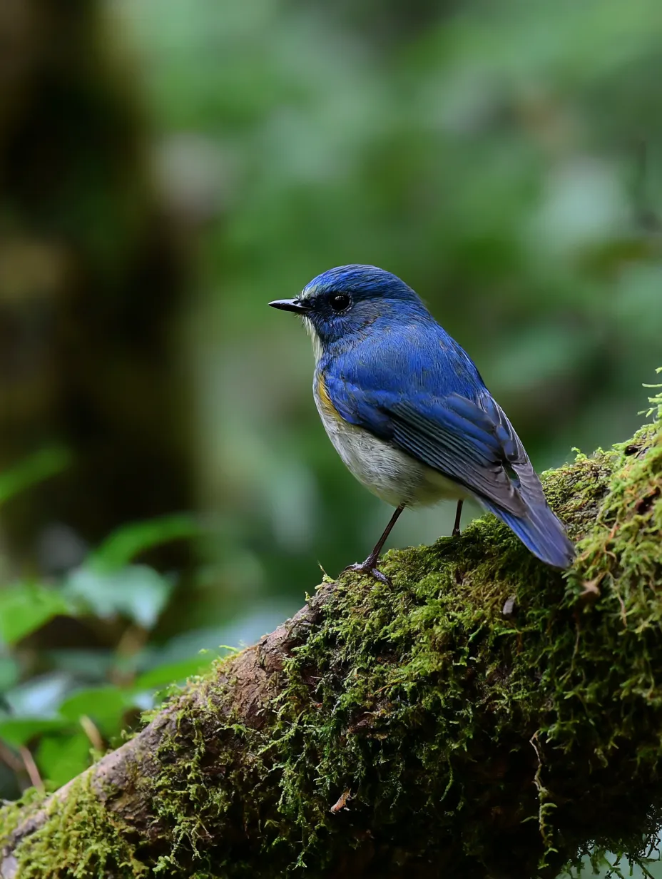 青い鳥　写真　森に潜む小さな青い鳥｜木陰で佇む青い鳥が、森の静けさと調和した一枚。自然に溶け込む姿から、青い鳥がもたらす神秘的な雰囲気が漂います。